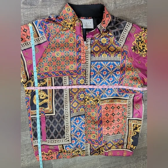 Urban Outfitters Scarf Print Bomber Jacket Mens L Multi Color Satiny Baggy ZipUp - Picture 11 of 15